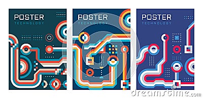 Digital technology poster background design set. Electronic network vector banner. Database communication. Booklet presentation co Vector Illustration