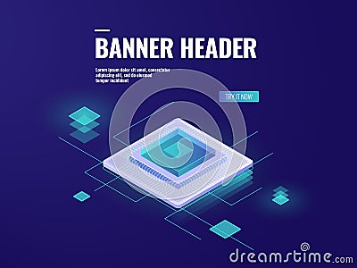 Digital technology, server room isometric icon, computer central processor CPU ,big data processing, smart technology Vector Illustration