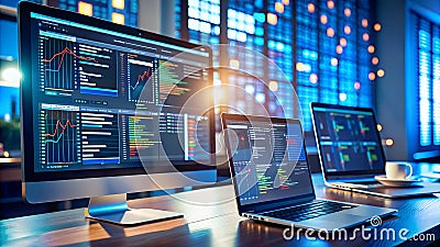 Digital technology, software development concept. Coding programmer, software engineer working on laptop Stock Photo