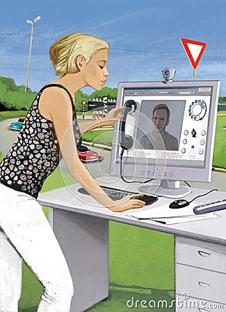 Digital telephony. The girl climbs a young man on a video connection from a stationary computer. Workplace office space against a Cartoon Illustration