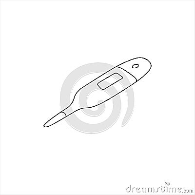 Digital thermometer icon. Hand drawn outline doodle. Medical supplies, medications to treat and protect against the virus. Covid- Cartoon Illustration