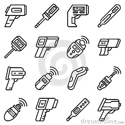 Digital thermometer icons set, outline style Vector Illustration