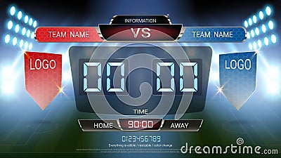 Digital timing scoreboard, Football match team A vs team B, Strategy broadcast graphic template for presentation score or game res Vector Illustration