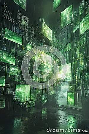Digital Tornado, A tornado of data streams is wreaking havoc in a digital lab, with screens displaying distorted and corrupted Stock Photo