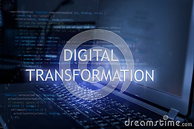 Digital transformation inscription against laptop and code background. Technology concept. Learn programming language Stock Photo
