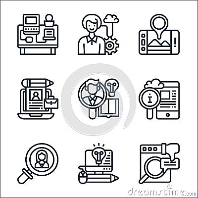 Digital transformation line icons. linear set. quality vector line set such as problem solving, knowledge, focusing, information Vector Illustration
