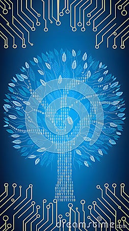 Digital tree with binary code leaves on blue background with circuit board patterns Stock Photo