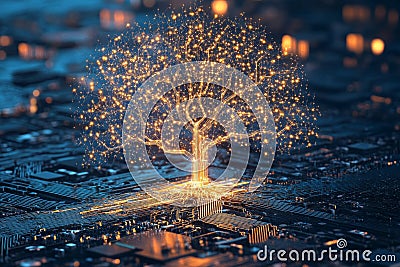 Digital tree with branching circuitry emerging from a microchip. Stock Photo