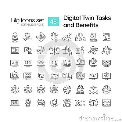 Digital twin tasks and benefits linear icons set Vector Illustration