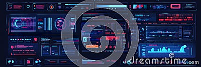 Digital user interface sticker elements including buttons, cursors, and notifications on a grid background with vibrant Stock Photo