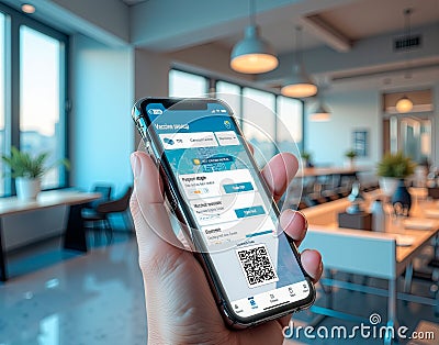 Digital vaccine passport on a smartphone. A sleek mobile app displaying vaccination status with a scannable QR code Stock Photo