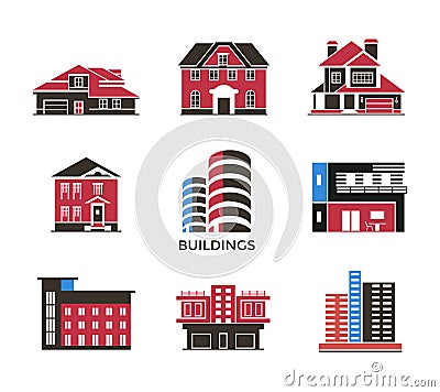 Digital vector black red city buildings Vector Illustration