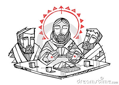 Jesus Christ and disciples at Emaus Vector Illustration