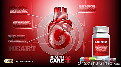 Digital Vector Infografic Realistic Human Heart. Premium quality illustration detailed organs. Health care drug pills Vector Illustration