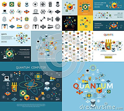 Digital quantum computing icon set Cartoon Illustration