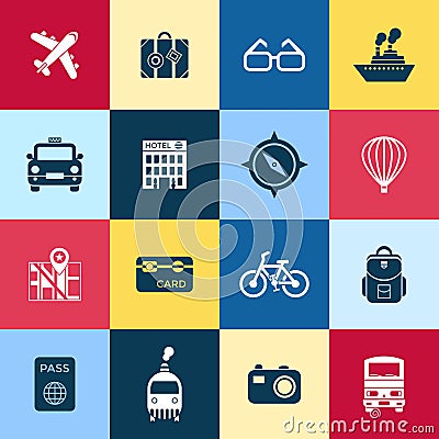 Digital vector red blue yellow travel icons Vector Illustration