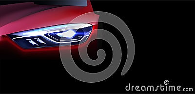 Digital vector red modern sport car mockup, ready for print or magazine design. Your brand, white lights on. Black background. Vector Illustration