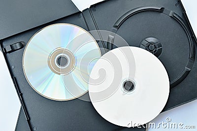 Digital versatile disc or DVD with black plastic box packaging on white background Stock Photo