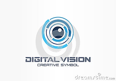 Digital vision creative symbol concept. Eye iris scan, vr system abstract business logo. Cctv monitor, security control Vector Illustration