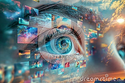 Digital vision: human eye surrounded by fragmented images, illustrating information overload and virtual reality technology Stock Photo