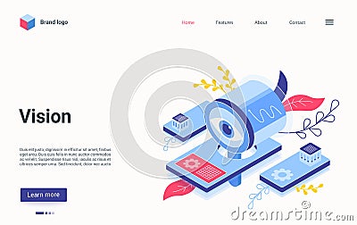 Digital vision technology isometric landing page, 3d abstract machine with human eye Vector Illustration