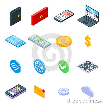 Digital wallet icons set, isometric style Vector Illustration