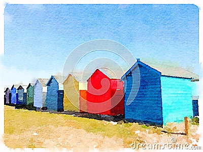 Digital watercolor of beach huts Stock Photo