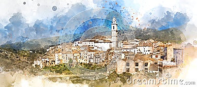 Digital watercolor of Bocairent village. Spain Stock Photo