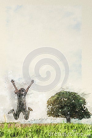 Digital watercolor drawing of person jumping over grass field with stand alone tree Stock Photo