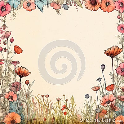 Digital Watercolor Floral Frame With Meadow Flowers And Poppies Cartoon Illustration