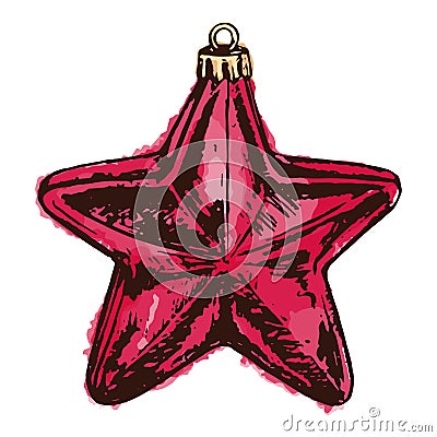 Digital watercolor New Year Christmas tree glass star toy isolated sketch colorful vector art Vector Illustration