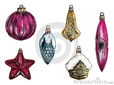 Digital watercolor New Year Christmas tree glass toys set: ball, star, cone, bell, house, icicle isolated sketch art Stock Photo