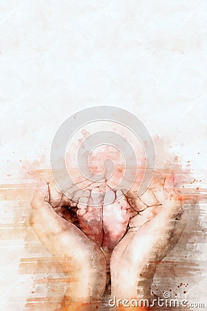 Digital watercolor painting of hand holding baby feet Stock Photo