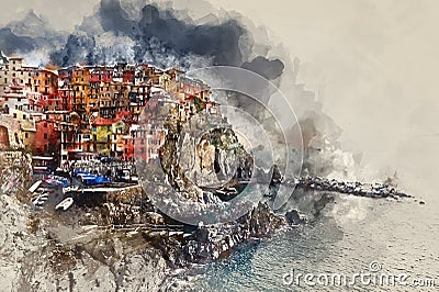 Digital watercolor painting of Manarola. Italy Stock Photo