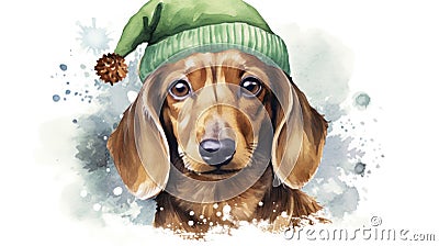 Digital watercolor portrait of a dachshund dog wearing a Christmas hat. Generative AI Cartoon Illustration