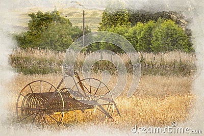 Antique hay rake digital watercolor painting Stock Photo