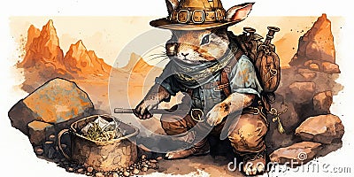 Watercolor ilustration of adorable bunny as a gold prospector Stock Photo