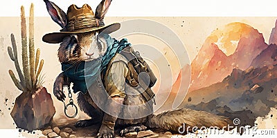 Watercolor ilustration of adorable bunny as a gold prospector Stock Photo