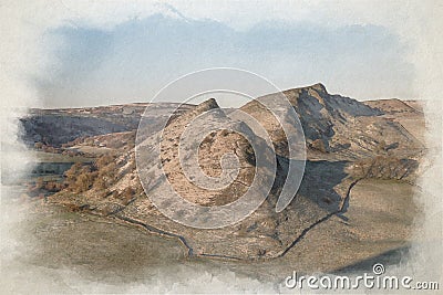 Digital watercolour painting of sunrise on Parkhouse Hill and Chrome Hill Stock Photo