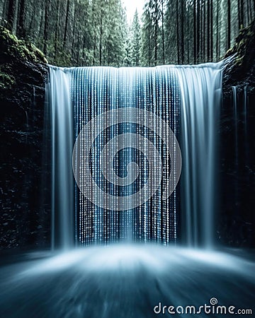 Digital Waterfall Flowing with Binary Code in Futuristic Landscape Cartoon Illustration