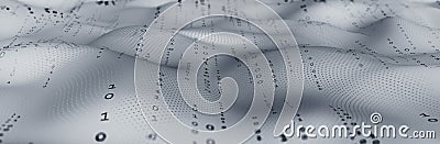 Digital waves. Data analysis. Binary code. Wavy Plane, Nodes and Points in Curved Space. Technological nanostructure Cartoon Illustration