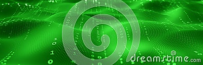 Digital waves. Data analysis. Binary code. Wavy Plane, Nodes and Points in Curved Space. Technological nanostructure Cartoon Illustration