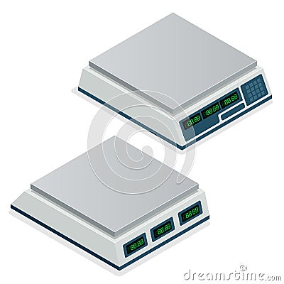 Digital weighing scale, weight measurement balance, Scales for weighing, kitchenware. Flat 3d isometric vector Vector Illustration