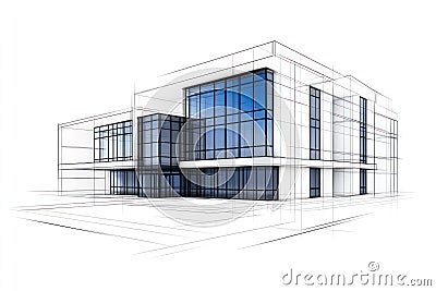 Digital Wireframe Building Sketch for Project Visualization Stock Photo