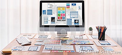 Digital wireframe design for web or mobile app UI on laptop. Scrutinize Stock Photo