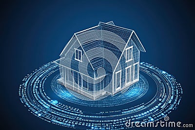 Digital Wireframe House Model in a Vortex of Data and Technology Visualization Stock Photo