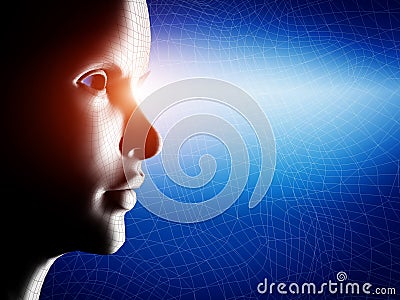 Digital, wireframe human profile face portrait Stock Photo