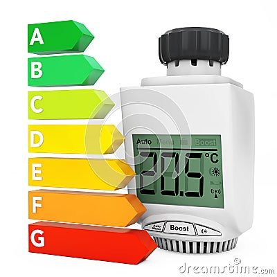 Digital Wireless Radiator Thermostatic Valve near Energy Efficiency Rating Chart. 3d Rendering Stock Photo