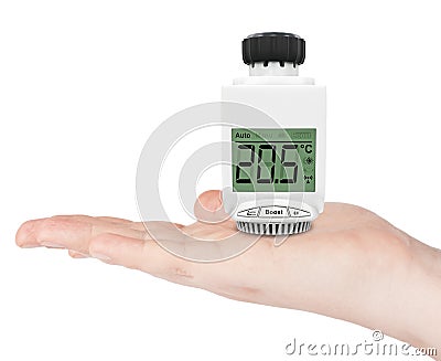 Digital Wireless Radiator Thermostatic Valve over Hand. 3d Rendering Stock Photo