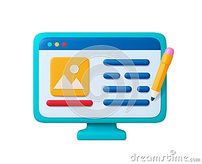 Digital work 3d office icon. Design app, computer monitor, file and pencil. Creative development, designer application or image Vector Illustration